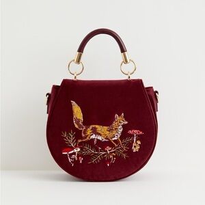 NWT Fox & Mushroom Velvet Embroidered Saddle Bag - Redcurrant by Fable E…